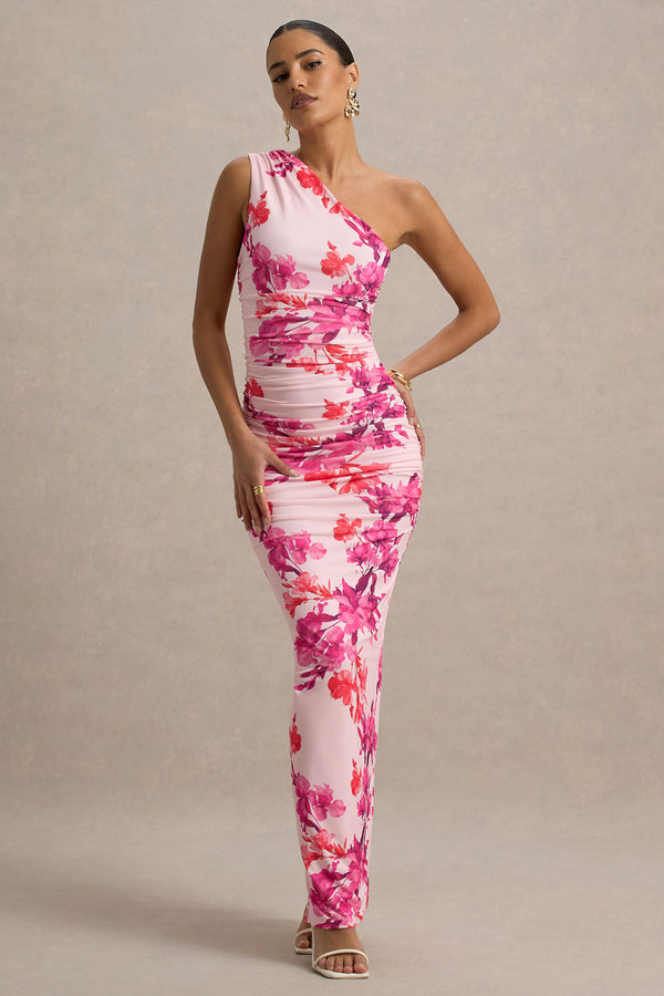 Club L Dalarie Pink And Orange Floral Print One-Shoulder Gathered Maxi Dress