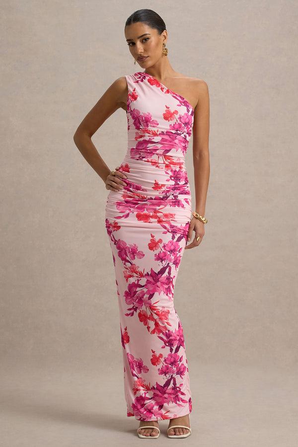 club l Dalarie Pink and Orange Floral Print One-Shoulder Gathered Maxi Dress