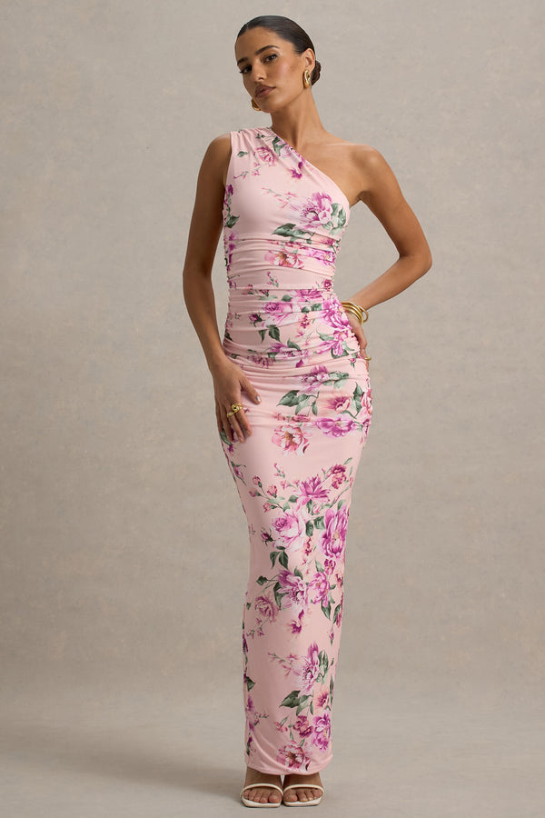 Club L Dalarie Pink Floral Print One-Shoulder Gathered Maxi Dress