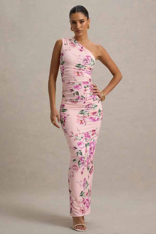 club l Dalarie Pink Floral Print One-Shoulder Gathered Maxi Dress
