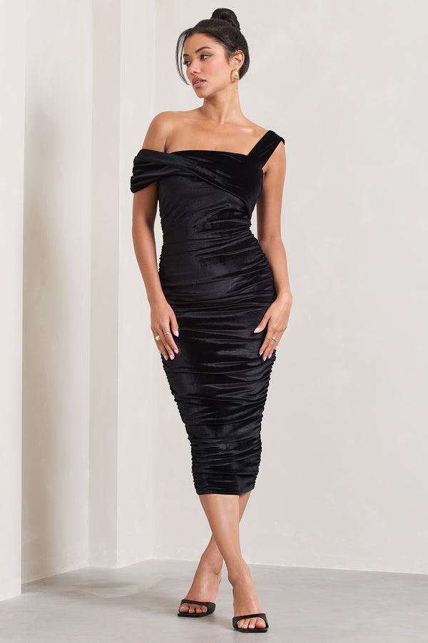 Club L Daniela Black Velvet One Shoulder Ruched Midi Dress