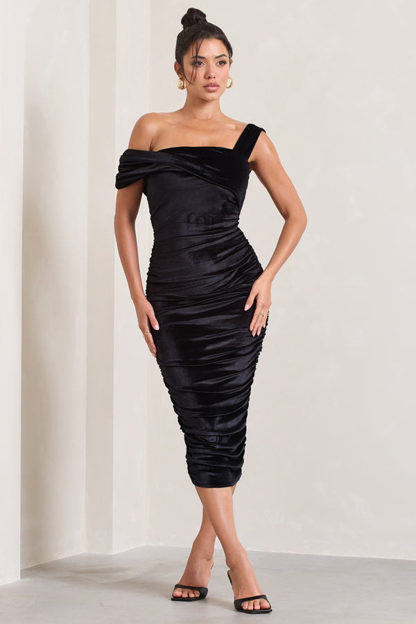 club l Daniela Black Velvet One Shoulder Ruched Midi Dress