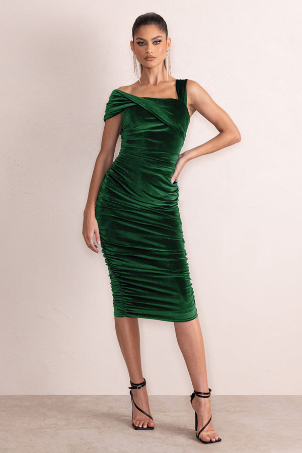 club l Daniela Bottle Green Velvet One Shoulder Ruched Midi Dress
