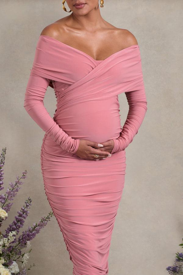 Club L Davina Blush Pink Ruched Twist Bardot Long-Sleeve Maternity Midi Dress