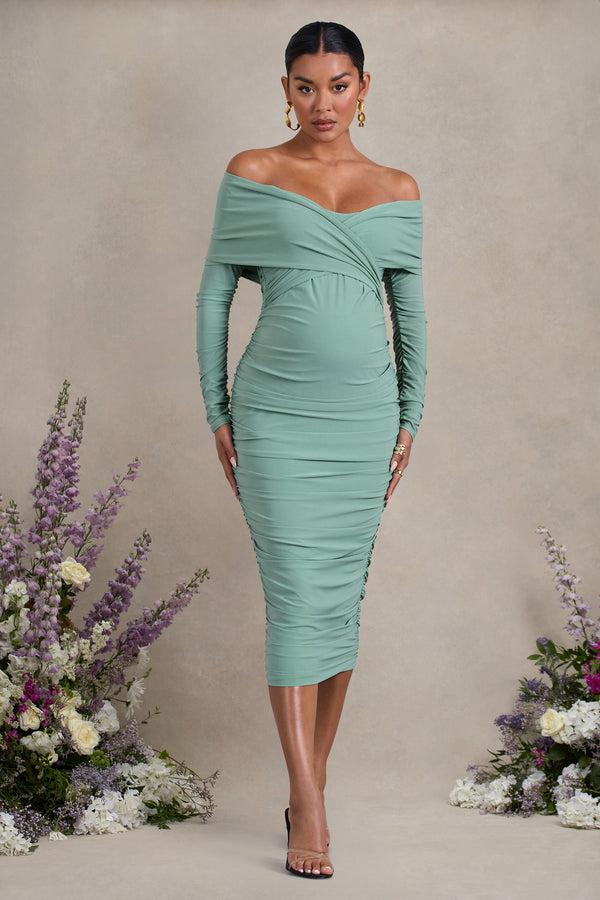 Club L Davina Sage Ruched Twist Bardot Long-Sleeve Maternity Midi Dress