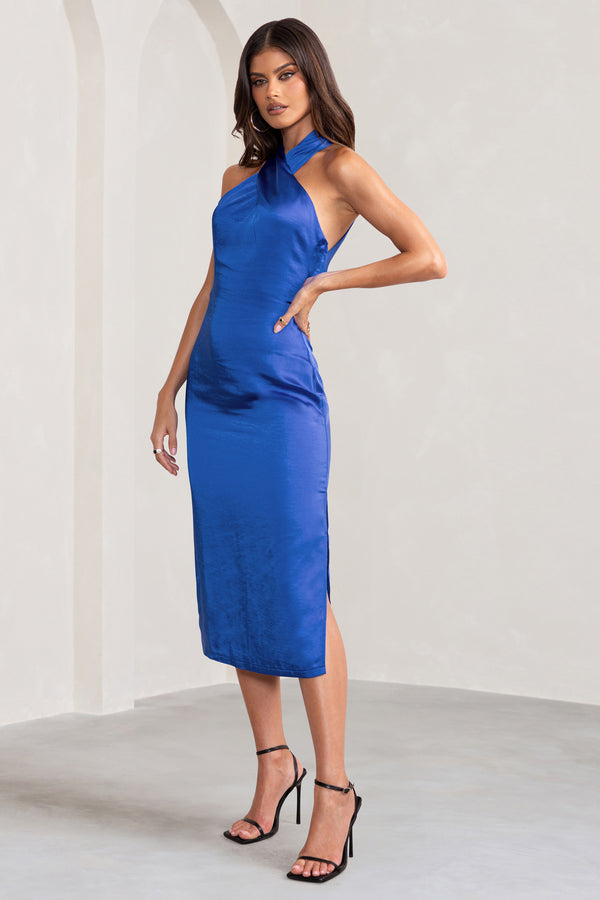 Club L Dazzling Cobalt Blue Satin Cross Over Halter Neck Midi Dress