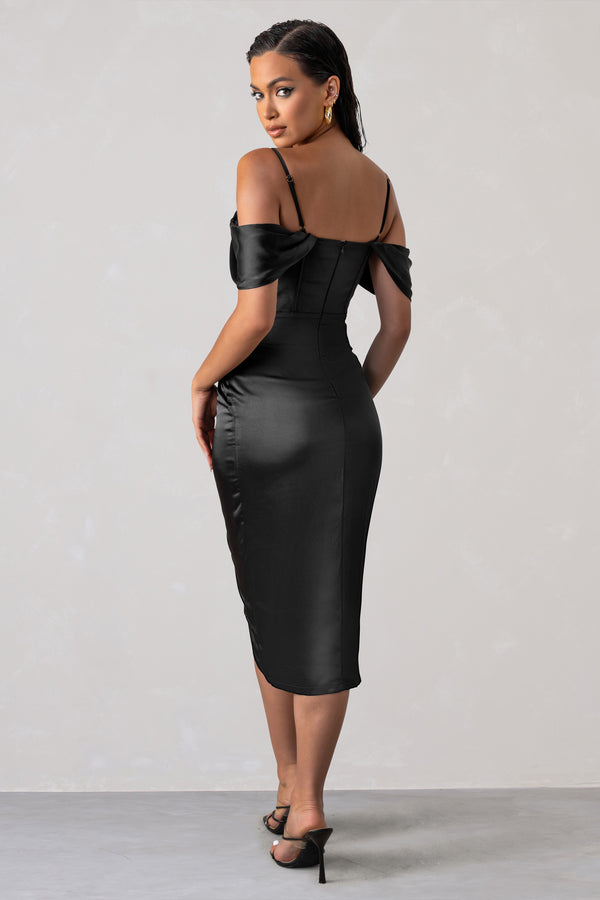 Club L Deserving Black Satin Bardot Sleeve Corset Wrap Midi Dress