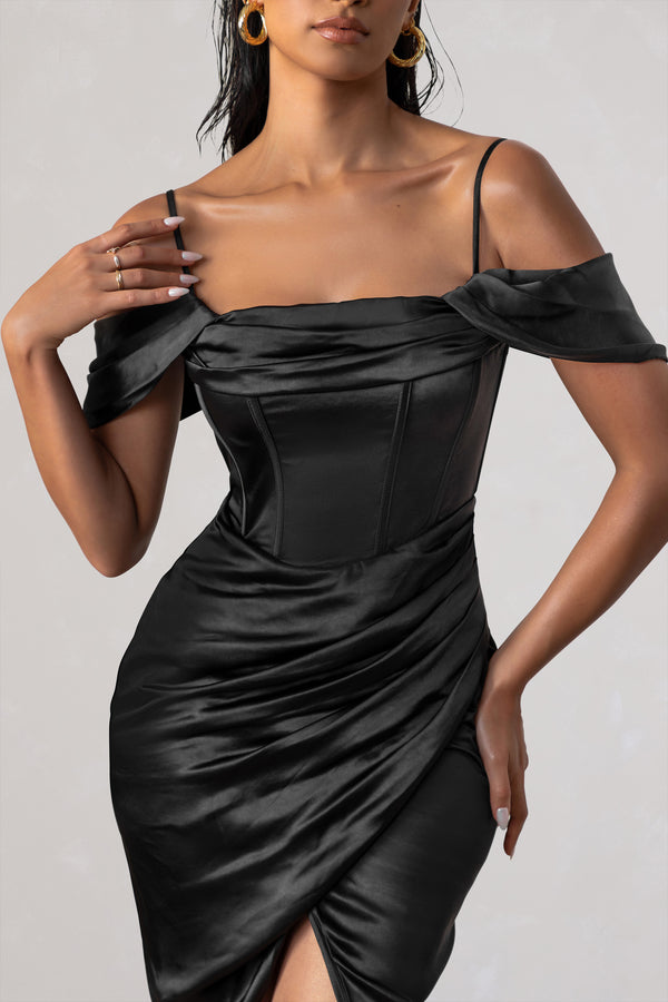 Club L Deserving Black Satin Bardot Sleeve Corset Wrap Midi Dress