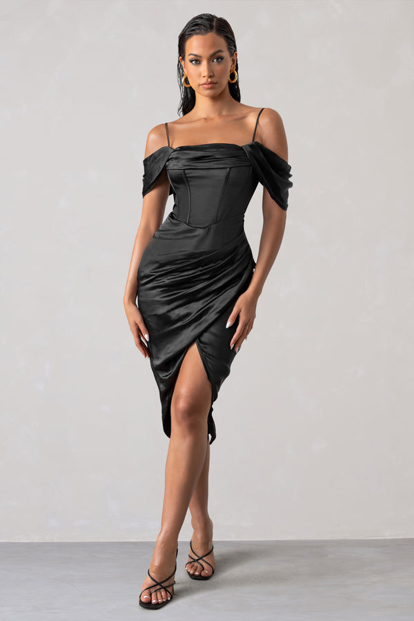 club l Deserving Black Satin Bardot Sleeve Corset Wrap Midi Dress