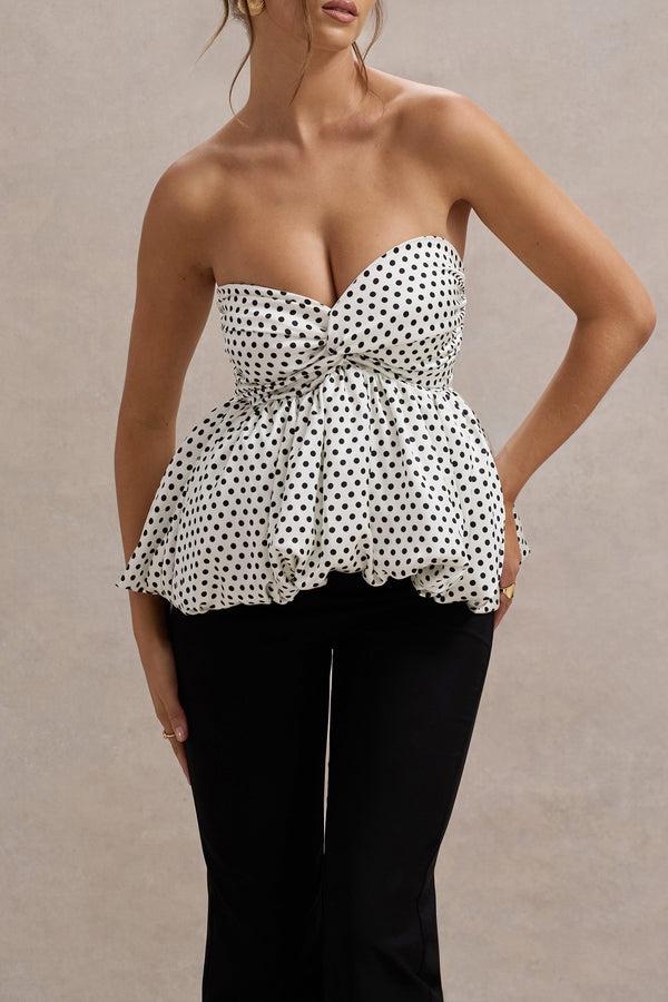 Club L Divina White & Black Polka Dot Strapless Ruffled Jumpsuit