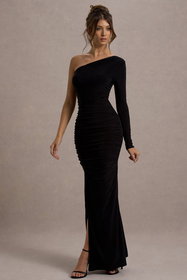 club l Doll Black Asymmetric One Sleeve Ruched Maxi Dress