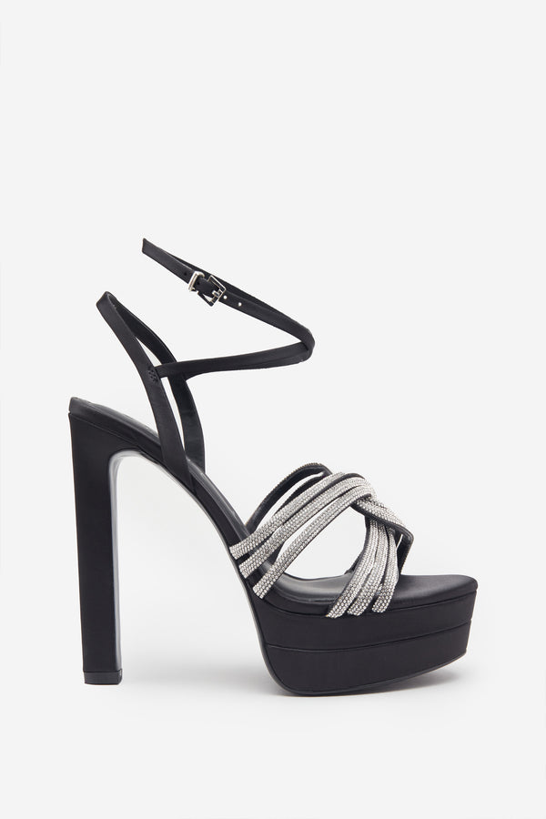 club l Doll Drama Black Satin Diamante Strappy Platform Heels