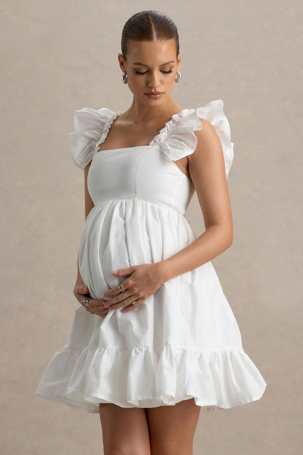 Club L Dolly Daze White Ruffle Sleeve Babydoll Maternity Mini Dress