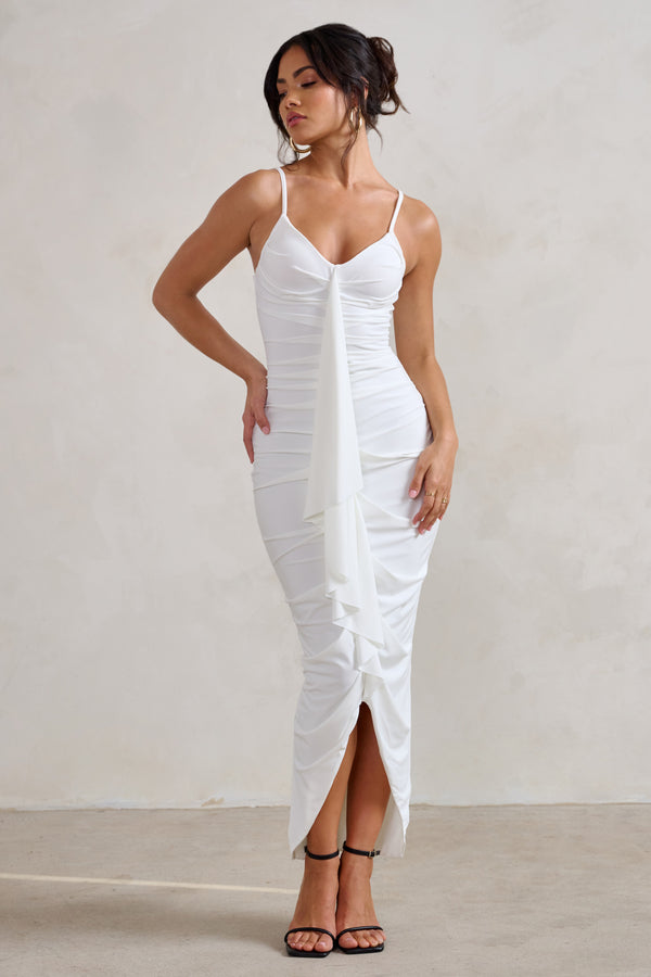Club L Dorothy White Plunge V Neckline Ruffle Midi Dress