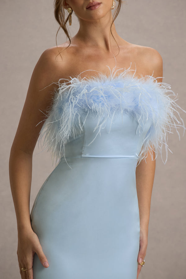 Club L Dress For It Powder Blue Satin Feather Trim Bandeau Maxi Dress