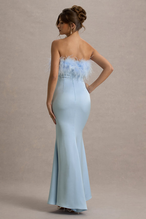 Club L Dress For It Powder Blue Satin Feather Trim Bandeau Maxi Dress