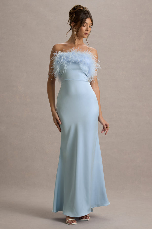 Club L Dress For It Powder Blue Satin Feather Trim Bandeau Maxi Dress