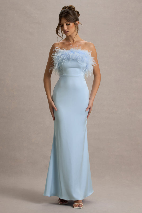 club l Dress For It Powder Blue Satin Feather Trim Bandeau Maxi Dress