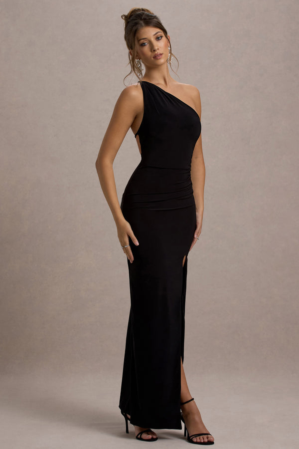 Club L Dressing Up Black One Shoulder Maxi Dress With Open Back Detail