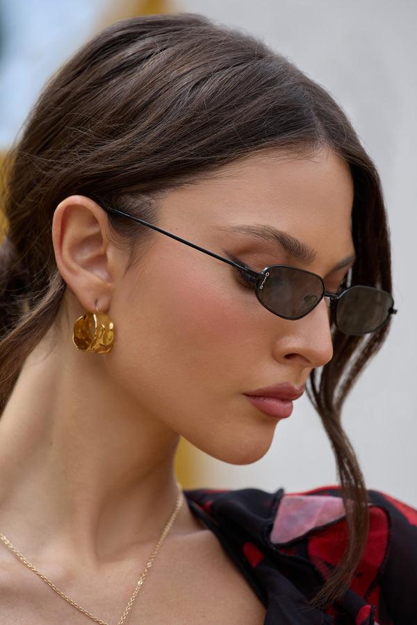 Club L Drew Otra Black Metal Thin Rectangular Sunglasses