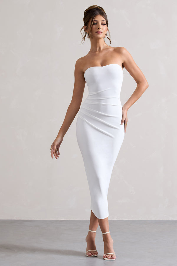 Club L East End White Strapless Gathered Midi Dress