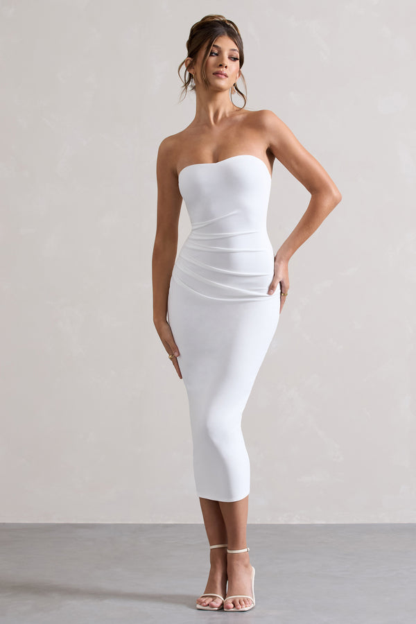 club l East End White Strapless Gathered Midi Dress