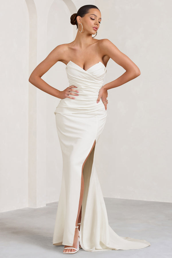 club l Elene White Pleated Split Fishtail Maxi Dress