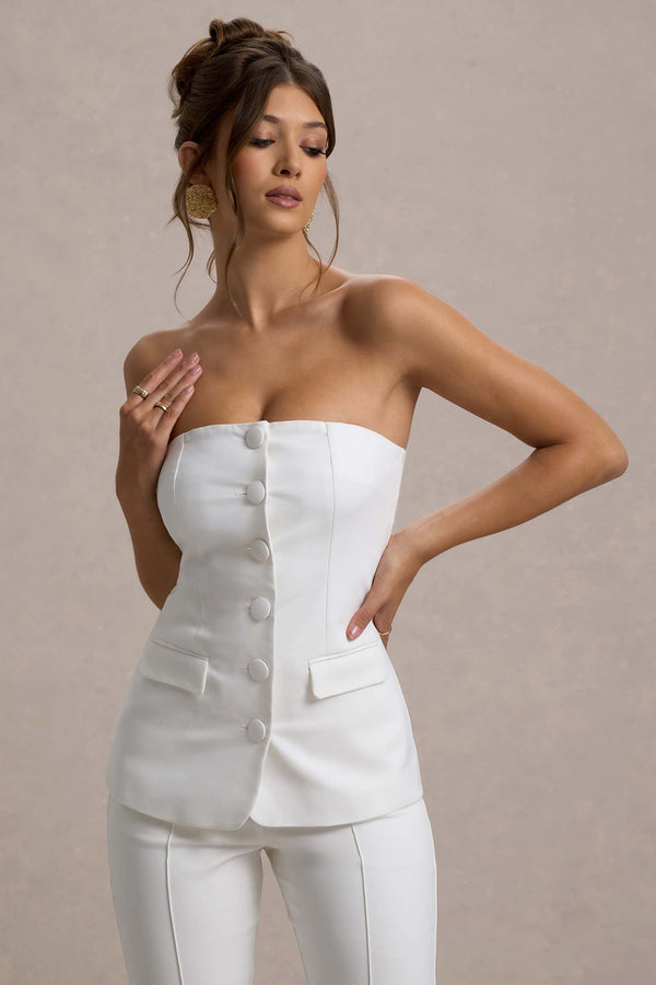 Club L Elliana White Strapless Button Front Tailored Top