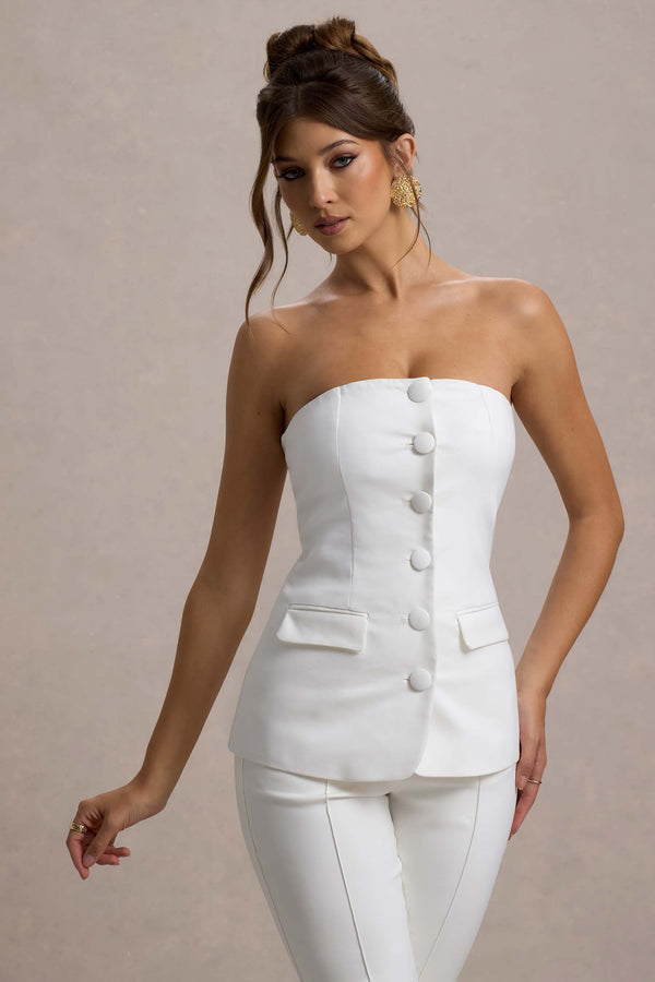 Club L Elliana White Strapless Button Front Tailored Top