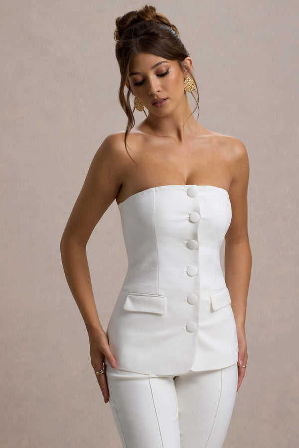 Club L Elliana White Strapless Button Front Tailored Top