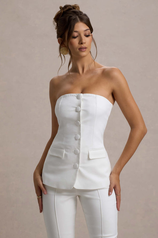 club l Elliana White Strapless Button Front Tailored Top