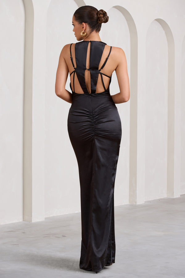 Club L Emery Black Satin Plunge Neck Strappy Back Maxi Dress