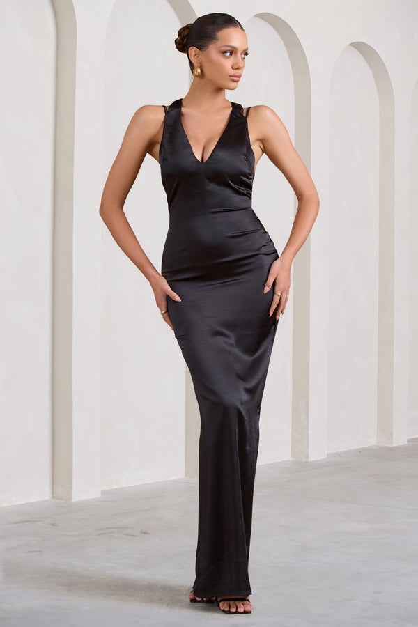 Club L Emery Black Satin Plunge Neck Strappy Back Maxi Dress