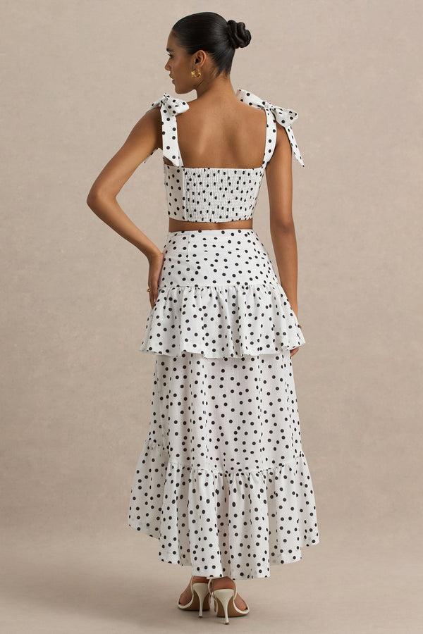 Club L Emry White Polka Dot High-Waist Maxi Skirt With Ruffle Detail