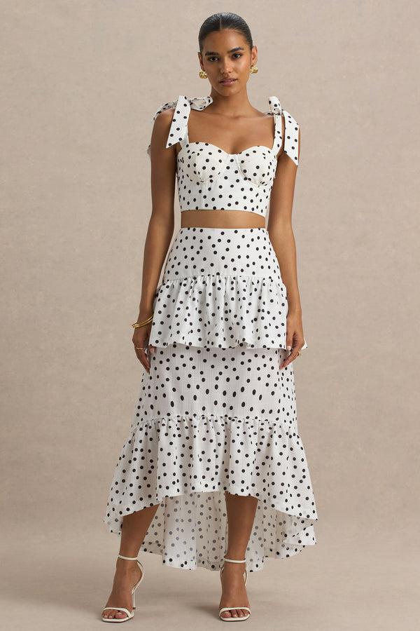 Club L Emry White Polka Dot High-Waist Maxi Skirt With Ruffle Detail