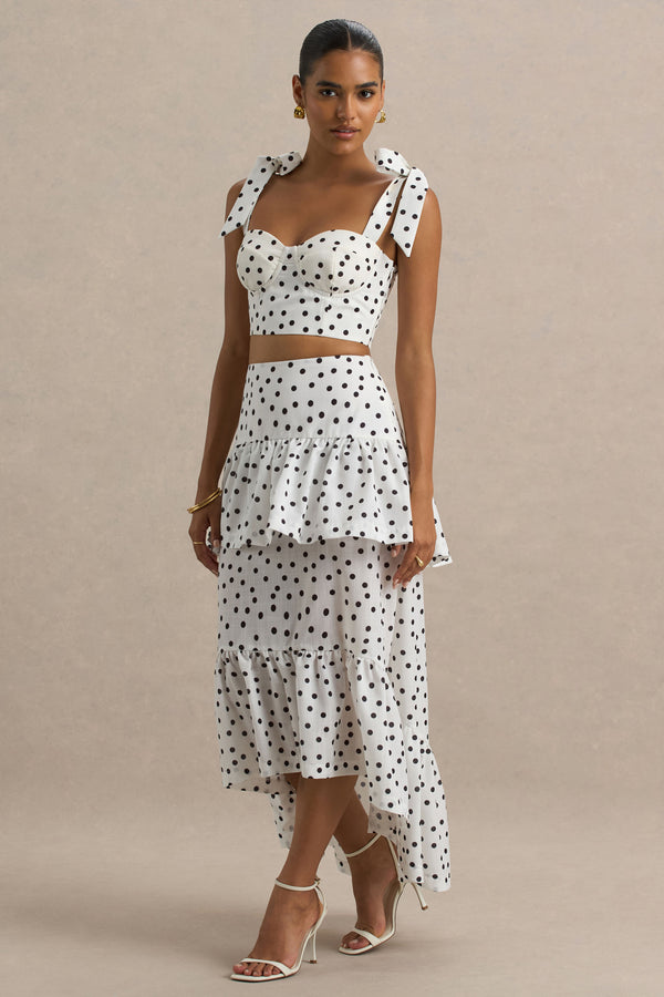 Club L Emry White Polka Dot High-Waist Maxi Skirt With Ruffle Detail