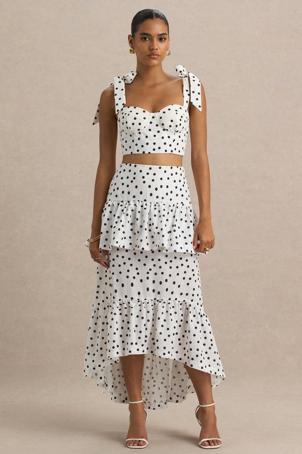 club l Emry White Polka Dot High-Waist Maxi Skirt With Ruffle Detail