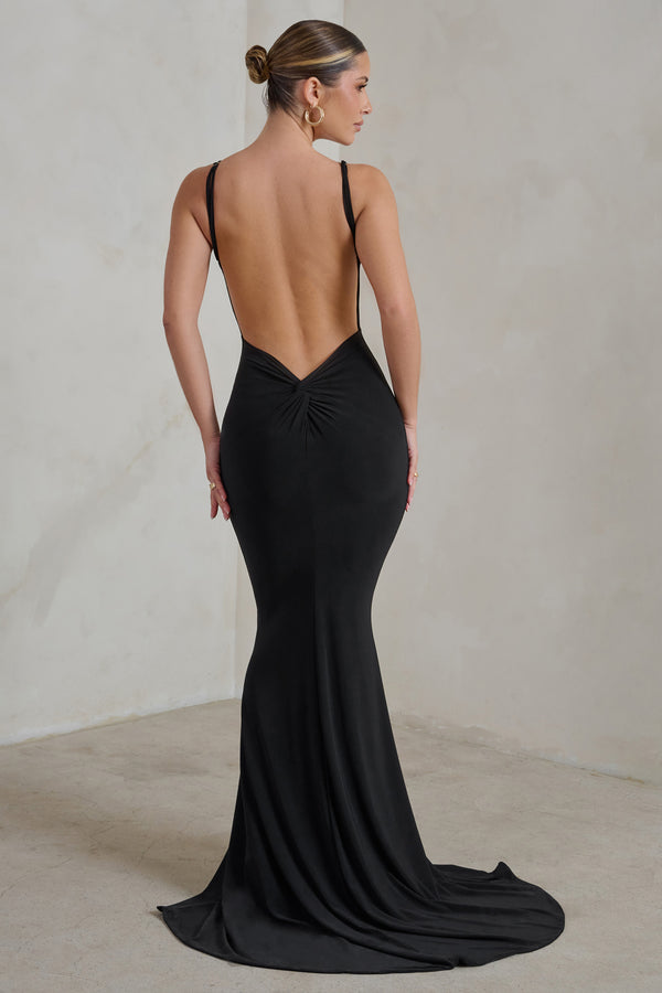 Club L Endless Love Black Backless Knot Detail Fishtail Maxi Dress