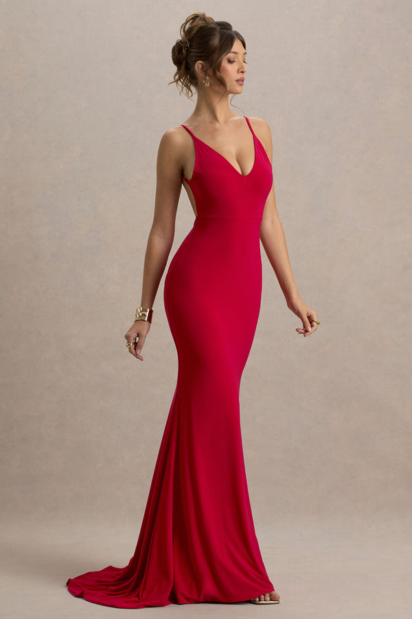 Club L Endless Love Red Backless Knot Detail Fishtail Maxi Dress