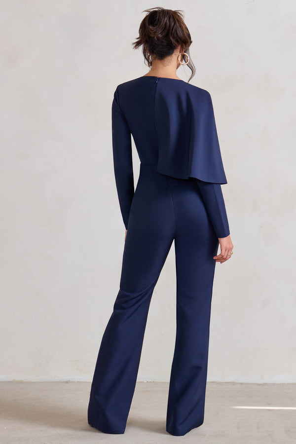 Club L Erika Navy Plunge Jumpsuit With One-Shoulder Cape Overlay