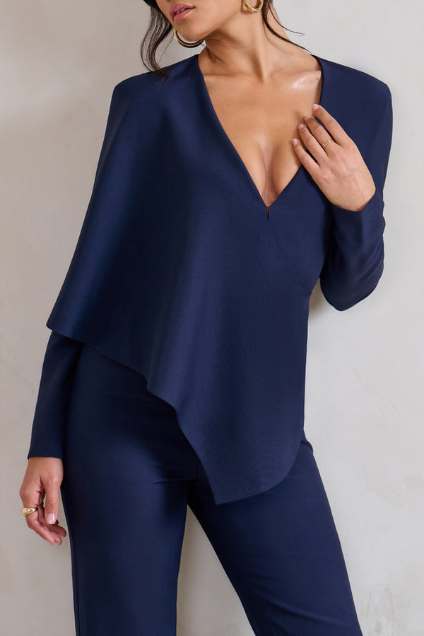 Club L Erika Navy Plunge Jumpsuit With One-Shoulder Cape Overlay
