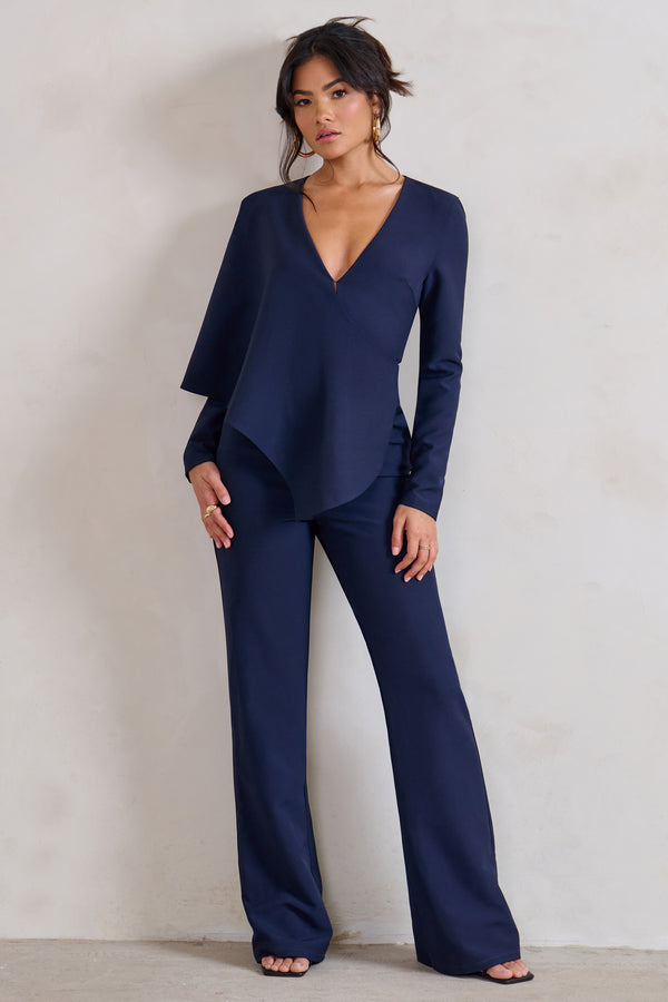 club l Erika Navy Plunge Jumpsuit with One-Shoulder Cape Overlay