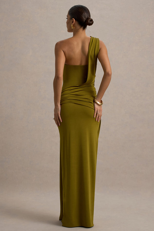 Club L Erminia Olive Green One-Shoulder Twist Wrap Maxi Dress