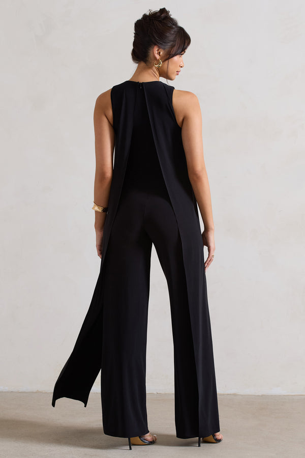 Club L Essence Black High-Neck Wide-Leg Jumpsuit With Cape