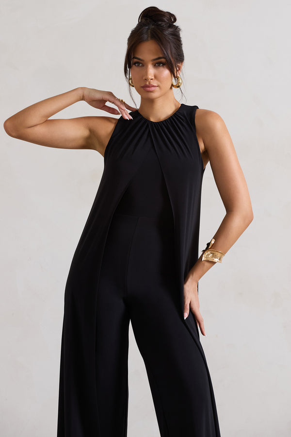Club L Essence Black High-Neck Wide-Leg Jumpsuit With Cape