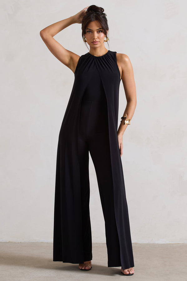 Club L Essence Black High-Neck Wide-Leg Jumpsuit With Cape