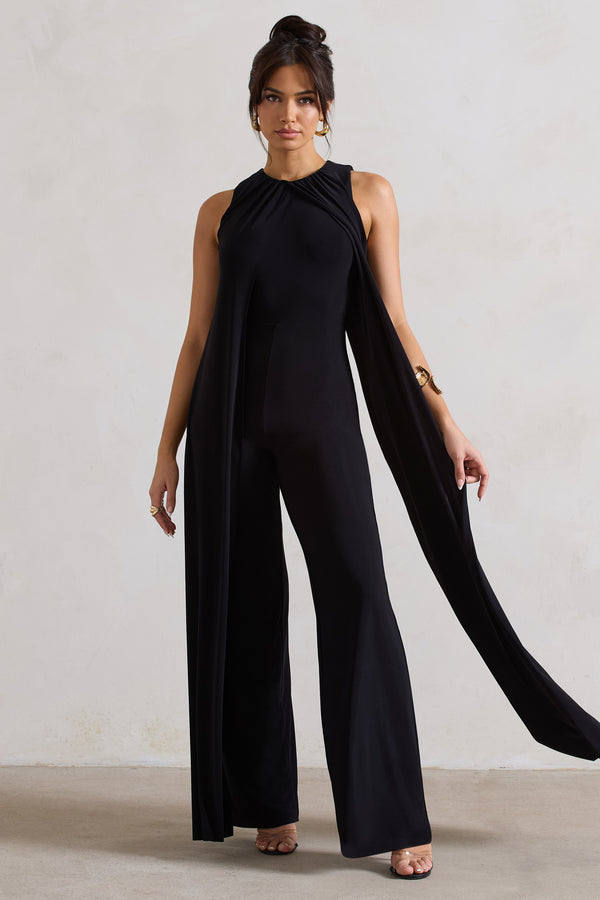 club l Essence Black High-Neck Wide-Leg Jumpsuit With Cape