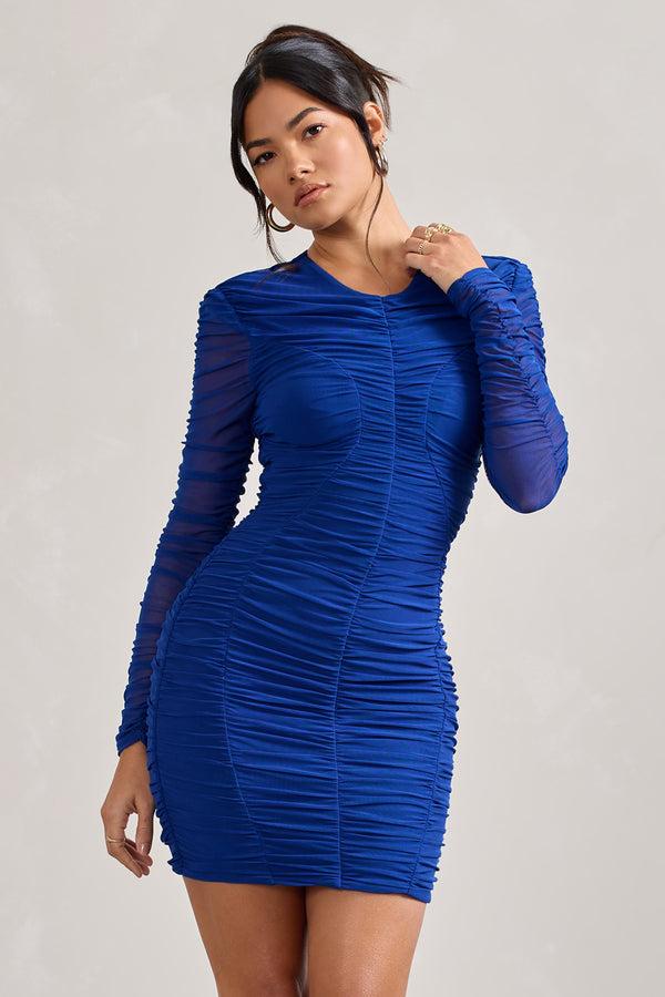 club l Euphoria Cobalt Blue Ruched Long Sleeve Mini Dress