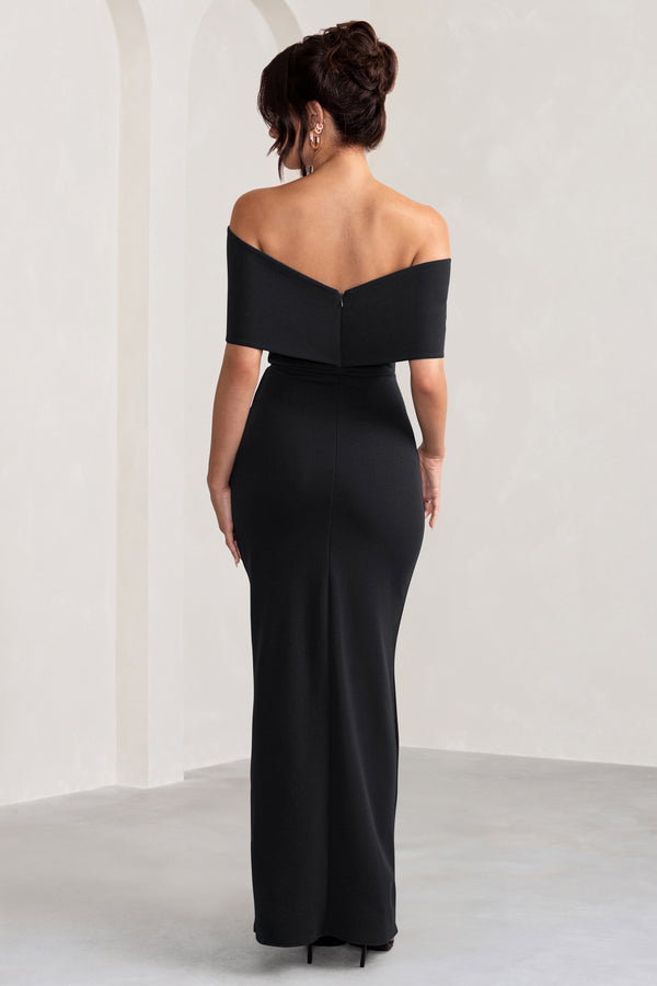 Club L Eva Black Bardot Bow Detail Maxi Dress With Thigh Split