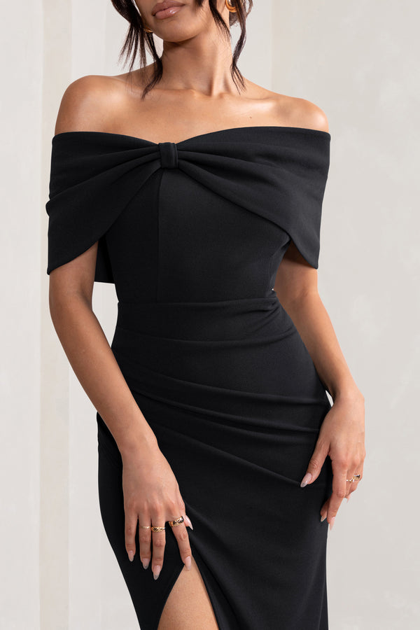 Club L Eva Black Bardot Bow Detail Maxi Dress With Thigh Split